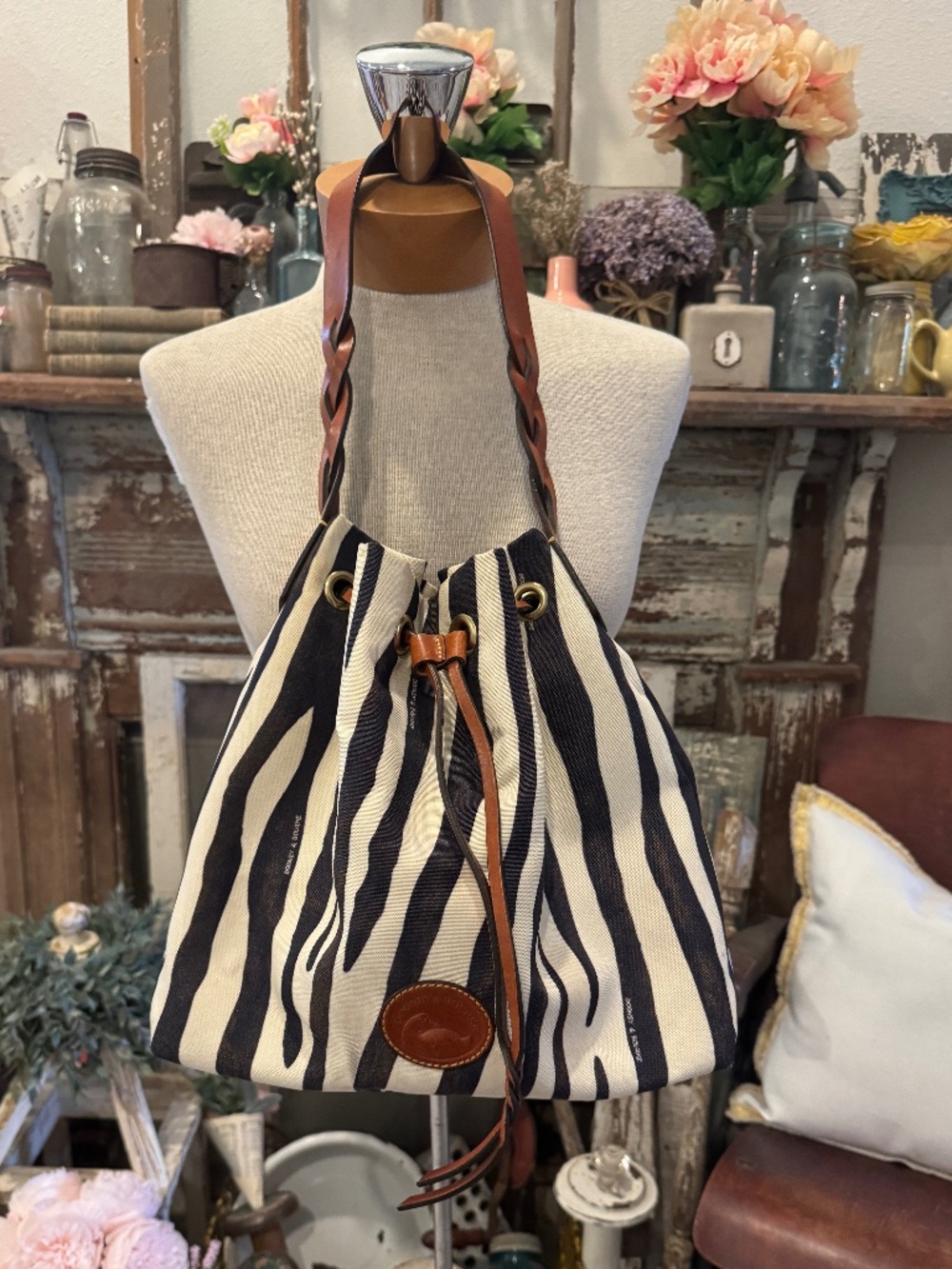 DOONEY & BOURKE Nylon ZEBRA Canvas LEATHER Braided DRAWSTRING Bucket BAG Purse